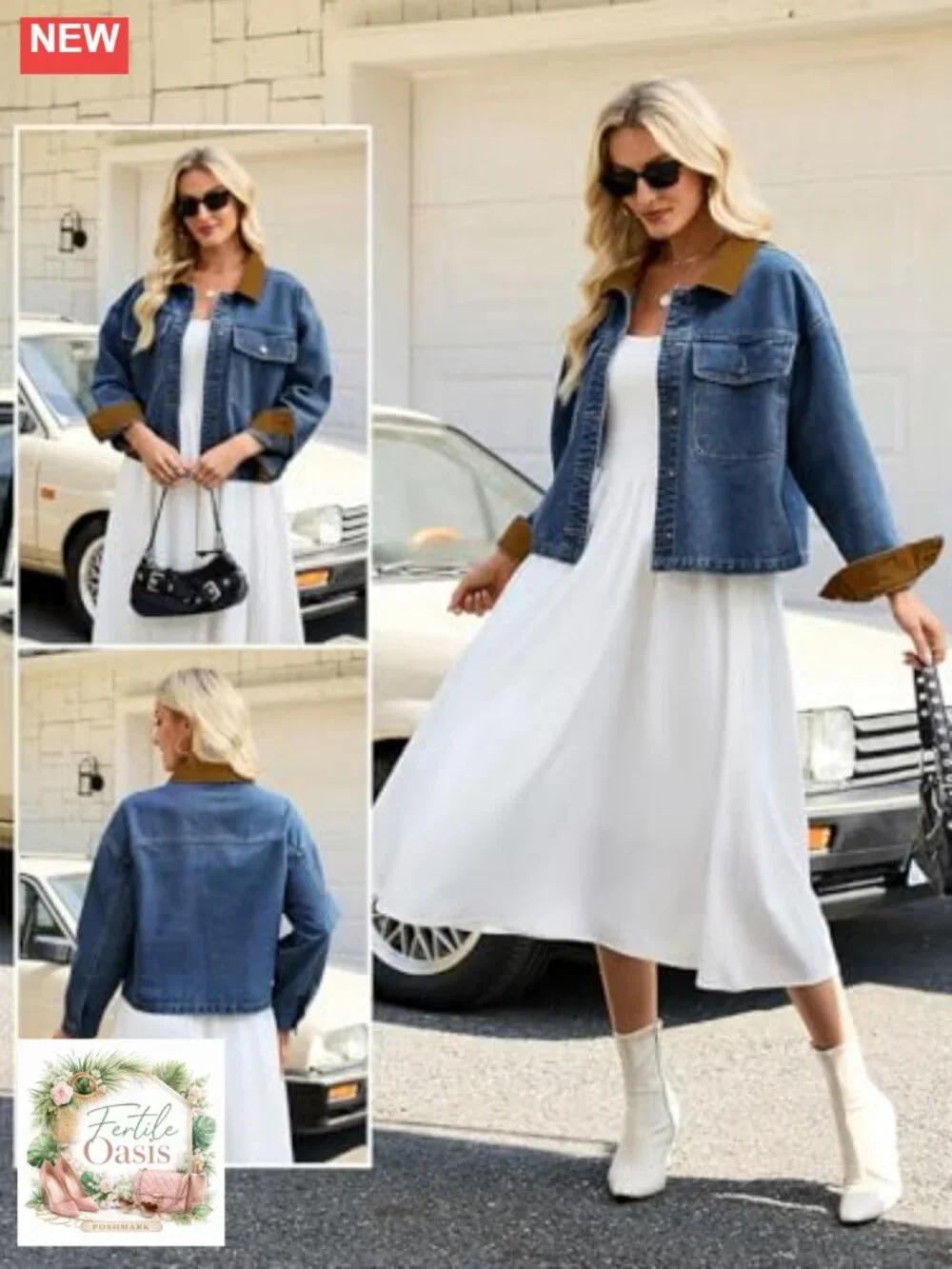 Cropped Oversized Denim Jacket Women Corduroy Contrast Collar